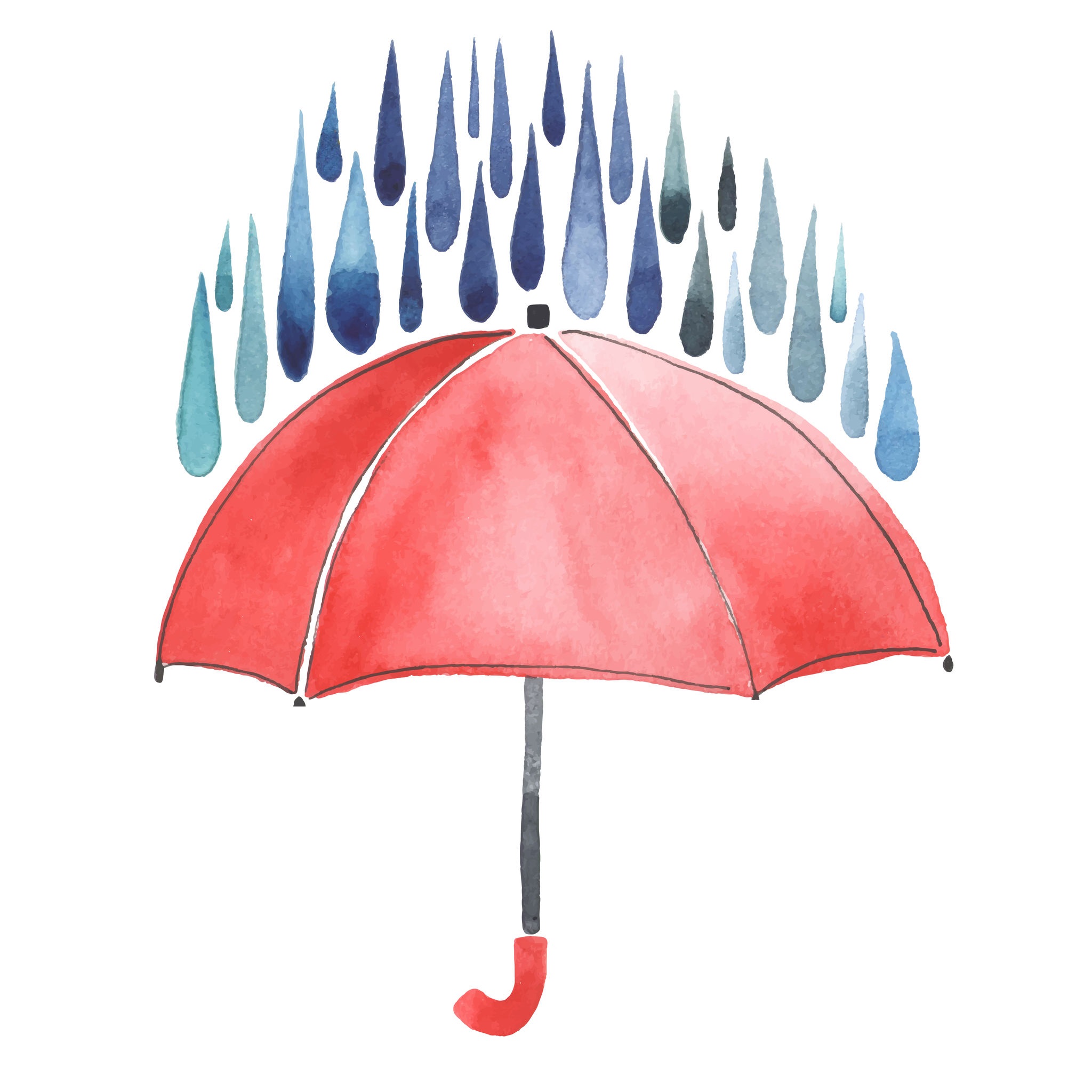插圖：雨點落在紅傘上。